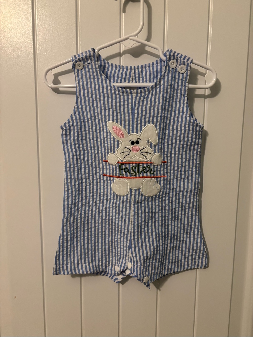 Blue & White Striped Baby Romper with Bunny Appliqué